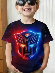 Transformers Autobot Logo Print Short Sleeve T-Shirt, Blue Starry Casual Top, Slim-Fitting, All Seasons