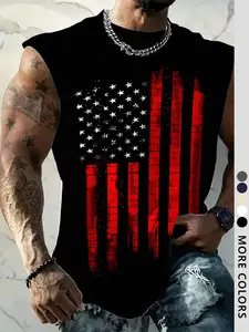 Men's American Flag Print Striped Tank Top, Regular Fit Casual Sleeveless Top for Outdoor Daily Wear, Men's Clothes for Summer, Socks