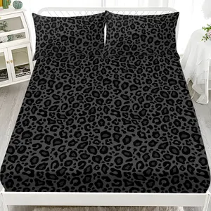 3pcs Black Leopard Print Fitted Sheet Set(1 bedsheet+2 pillowcases), HD Printed 27cm Deep Pocket Bed Sheet, No-Slip Mattress Cover with Pillowcases