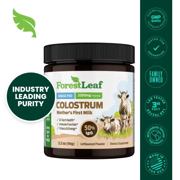 ForestLeaf 50% IgG Highest Concentration Grass-Fed Bovine Colostrum Powder - Natural Protein Milk Supplement, Muscle Boost, Fitness Support, Unflavored, 45 Servings for Humans
