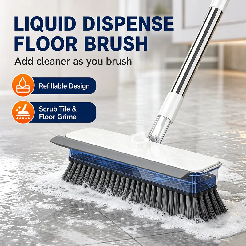 Heavy-Duty Sturdy Liquid Dispensing Floor Scrub Brush with Long Back-Friendly Handle, Press-Release Soap Tank, Hard Bristles, Pink Broom & Dustpan Set, Multipurpose Cleaning Tool for Bathtub Grime, Durable