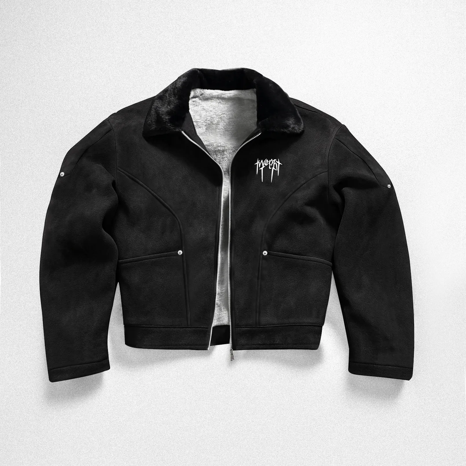 Men's Casual Flap Collar Fleece Lined Warm Jacket Black with Small Logo Print Vintage Street Style Short Design for Autumn Winter Menswear Coats Tops Long Sleeve Motocross Graphic