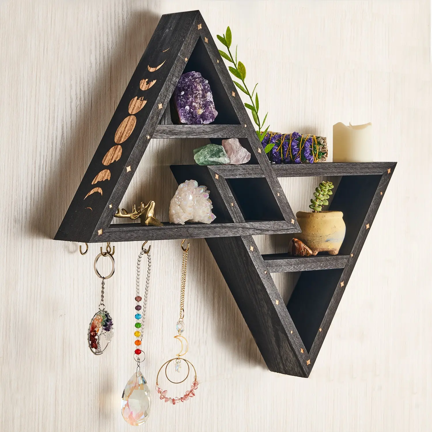 Crystal Display Stand with Hook, Wooden Triangular Crystal Holder, Room Decor Moon Rack, Storage Shelf for Living Room, Bedroom, Witchy Style, Hanging Storage, Home Storage Hook, Organizing