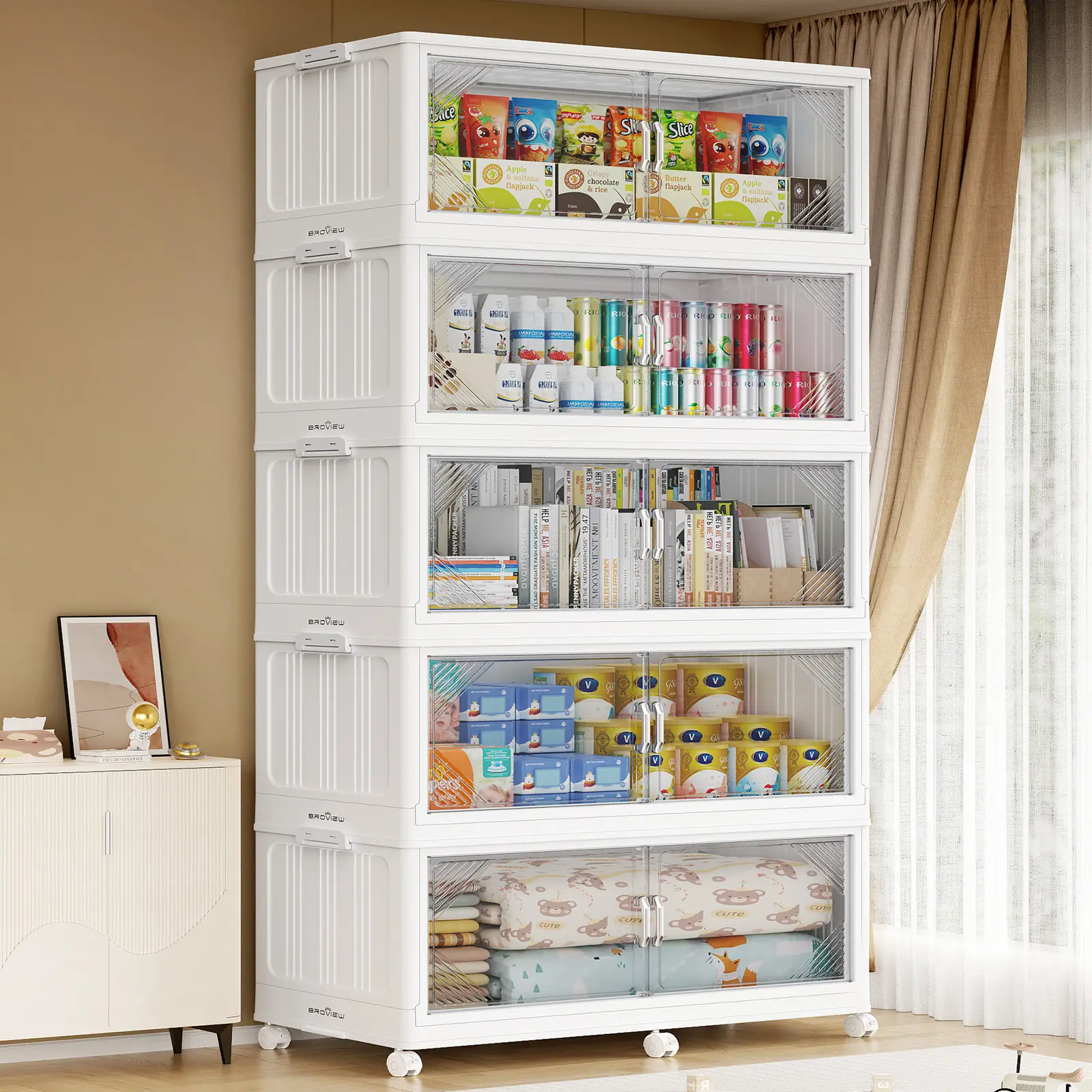 Broview V60 Extra Large Stackable Storage Bins with Lid - 55Gal Each, 165Gal/220Gal/275Gal Options, Plastic Boxes with Drawers, 6-Wheel Easy Move Folding Closets, Fold & Store Fast Large Cap House Organizers for Home Office