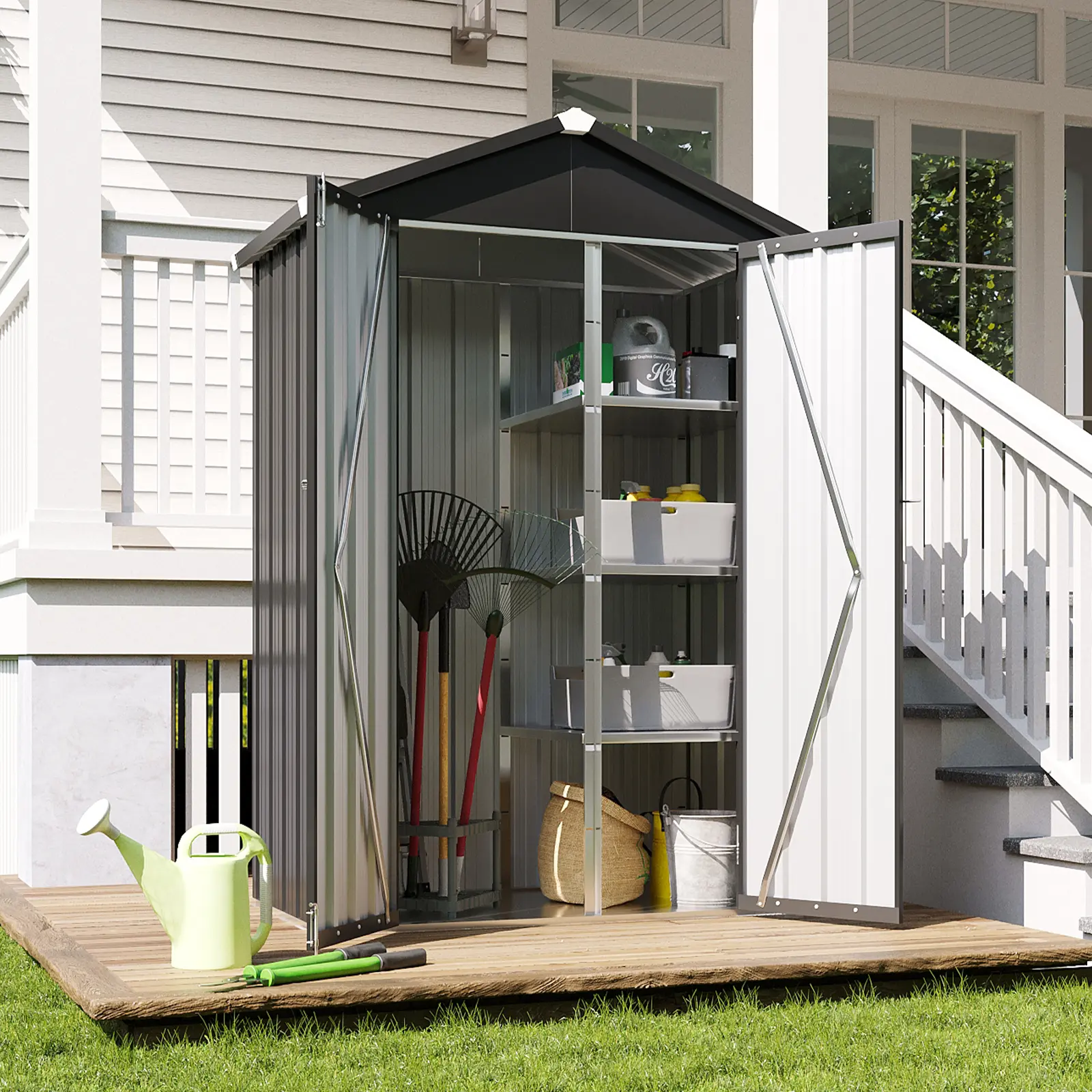 Aoxun Vertical Metal Tool Cabinet Outdoor Storage Box - 2.5x2FT, 21 Cu.Ft Weatherproof Outdoor Storage with Floor, Adjustable Shelves, Space-Saving Design for Garden, Garage Organizer Organize