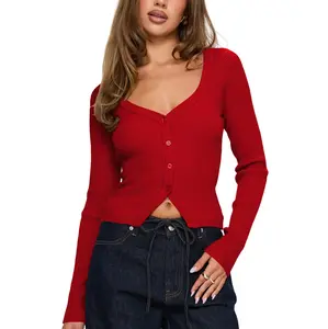 FAIABLE Women's Button Long Sleeve Cardigans Open Front Knit V Neck Cropped Sweaters Slim Fit Stretchy Shirt Soft Lightweight Layering Blouse Casual Elegant Tops Chic