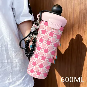 600ML Insulated Tumbler with Beaded Bracelet, Heart Grid Pattern, Stainless Steel Coffee Cup, Leakproof Tumbler, Leak-Proof, Durable, Fashionable Gift for Women