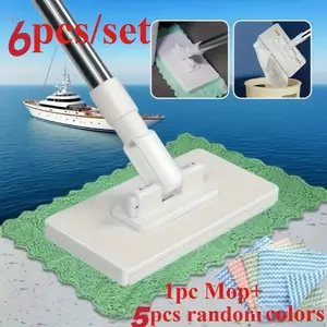 6-Piece No-Hand-Wash Lazy Mop Set, Includes 1 Mop & 5 Random Color Cloths, Reusable Press Clips, Ideal for Kitchen Bathroom Windows Floors