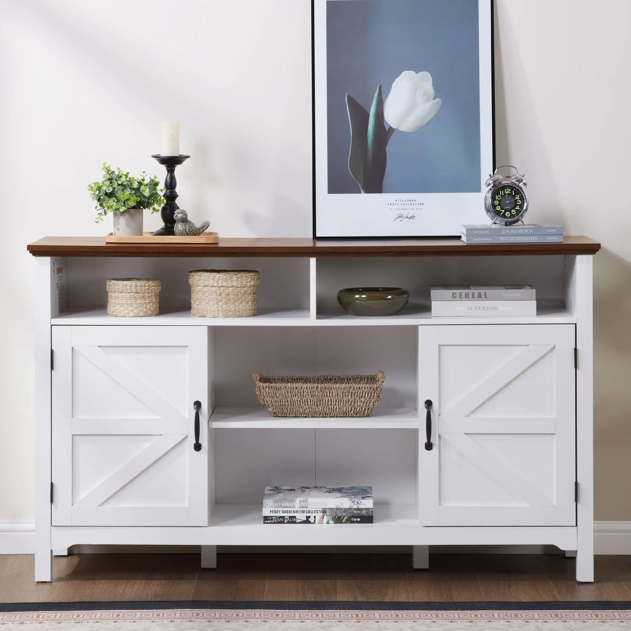 【TikTokShopBlackFriday】Farmhouse Buffet Sideboard Cabinet with Barn Doors, 58" Rustic Kitchen Storage Cabinet with Adjustable Shelves, Antique White Coffee Bar Cabinet for Dining Room, Living Room, Entryway TV Stand