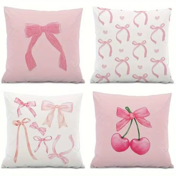 4PCS Bow Motifs Cushion Cover - Blush Pink Room Decor, Christmas Home Accessory, Valentine’s Gift for Living Room & Bedroom with Sweet Look