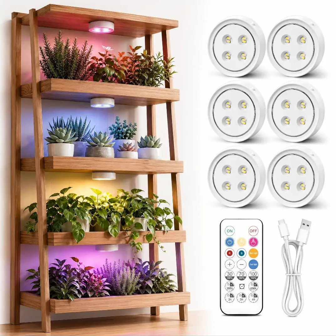 6 Pack Rechargeable Grow Light for Indoor Plants, Cordless Magnetic Plant Lights for Indoor Growing, 6500k Full Spectrum LED Lighting with Timer & Remote, Stepless Dimming, for Plant Shelf