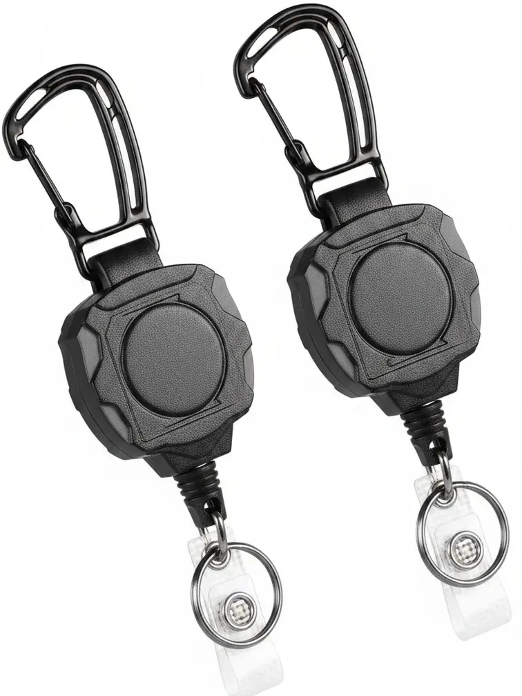 2-Pack Heavy-Duty Retractable Keychain with Carabiner – Tactical ID Badge Reel with 32-Inch Steel Retractable Cord, 8 oz Capacity