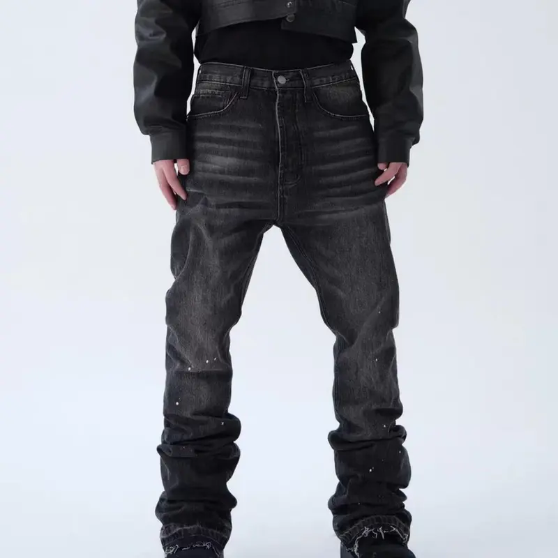 New Men Speckle ink Printed Loose Straight Jeans Pants Streetwear Men's High Quality Stylish Solid Denim Trousers Midrestock
