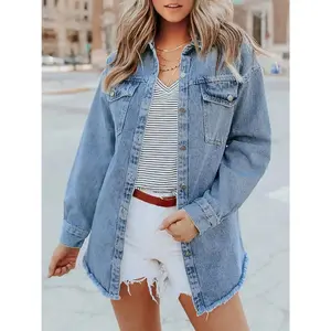 Plus Size, Women's Plus Size Vintage Denim Jacket - Oversized Long Sleeve Collar Coat with Frayed Hem & Pocket Details, Korean/ Inspired Layered Outerwear (Non-Stretch, Machine Washable) for Jeans or Dresses - Spring/Autumn Casual