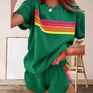 Rainbow Cozy-Chic Two-Tone Lounge Set | Breathable Short Sleeve Set with  Minimalist Vibes | Skin-Friendly Cooling Loungewear for Home & Outings | Therapycore Home Outfit | Contrast-Trimmed Lounge Set for Yoga & Relaxation |