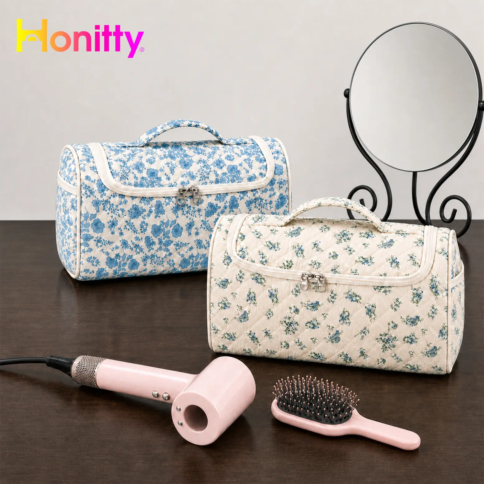 HONITTY Quilted Hair Tools Travel Organizer with Quilted Padding Cushions Tool Impacts - Cute Compact Travel Gear Toiletry Bag, Hanging Hook, Multi-Compartment Storage for Dyson Airwrap Styler & Hair Curler Accessories, Travel Accessories, Floral Toiletry