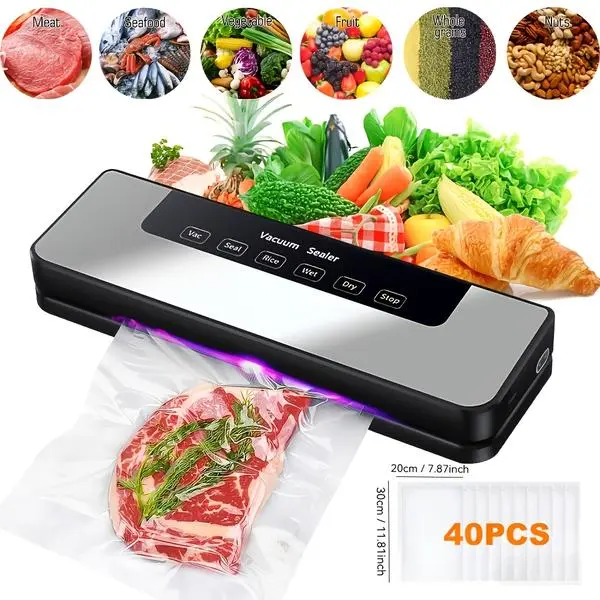 65KPA Vacuum Sealing Machine 6-in-1 Wet Dry Mode Food Saver with 40 Free Bags Commercial Household Food Storage Preservation System