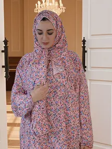 Blue Floral Hooded Robe, Loose Fit Long Sleeve Sweatshirt, Middle Eastern Casual Dress, Ramadan Fashion, Women's Clothing