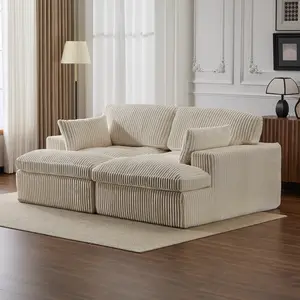 Modular Double Chaise Lounge Loveseat, Oversized Boneless Corduroy Sectional Sofa, No-Assembly Required Cloud Plush Comfy Indoor Furniture for Living Room, White