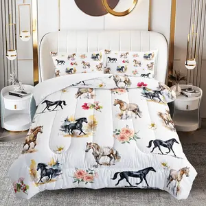 3pcs Watercolor Horse Comforter Set, Animal Duvet Set for Girls and Adults Bedroom or Guest Room Decor, Lightweight Soft All Seasons Comforter Machine Washable Microfiber Quilt with 2 Pillowcases , Gifts for the Family
