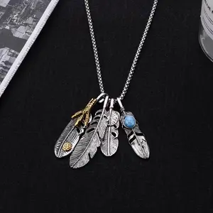 4pcs Fashion Explosive Feather Necklace, Men's Trendy Personality Hip Hop Street Pendant, All-match Fashion Long, Sweater Chain Accessories