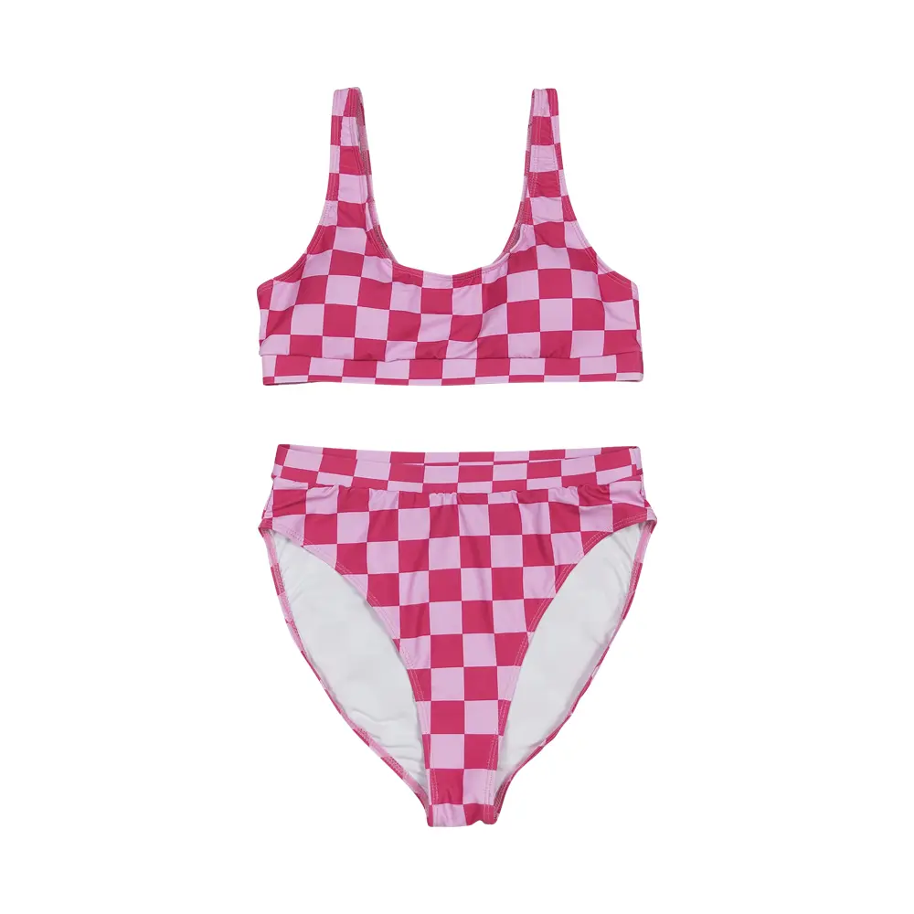 Women's High-Waisted Tie Back Pink Checkered Beach Bathing Suit - Quick-Dry, Breathable, Ultra-Flattering Tropical Bikini with Standard Sizes (S0559), Tie Back Bikini, Swimsuit For Women, Casual Bikini Top