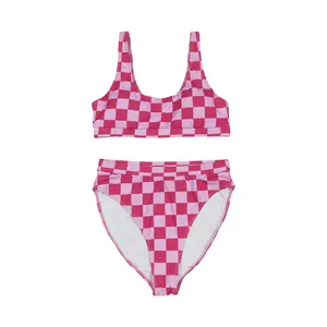 Women's High-Waisted Tie Back Pink Checkered Bikini - Quick-Dry, Breathable Beach Bathing Suit with Standard Sizes for Beach Vacations (S0559), Tie Back Bikini