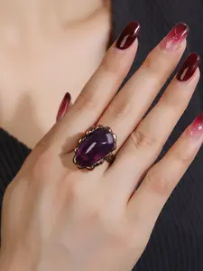 Natrual Irregular Amethyst Gemstone Ring Vintage Bronze Adjustable Retro Ring Unshaped Original Raw Stone Ring Gift For Women Man Girl Boy Party Accessory Jewelry Gift For Bithday Anniversary Christmas Hallowmas Fashion Ring