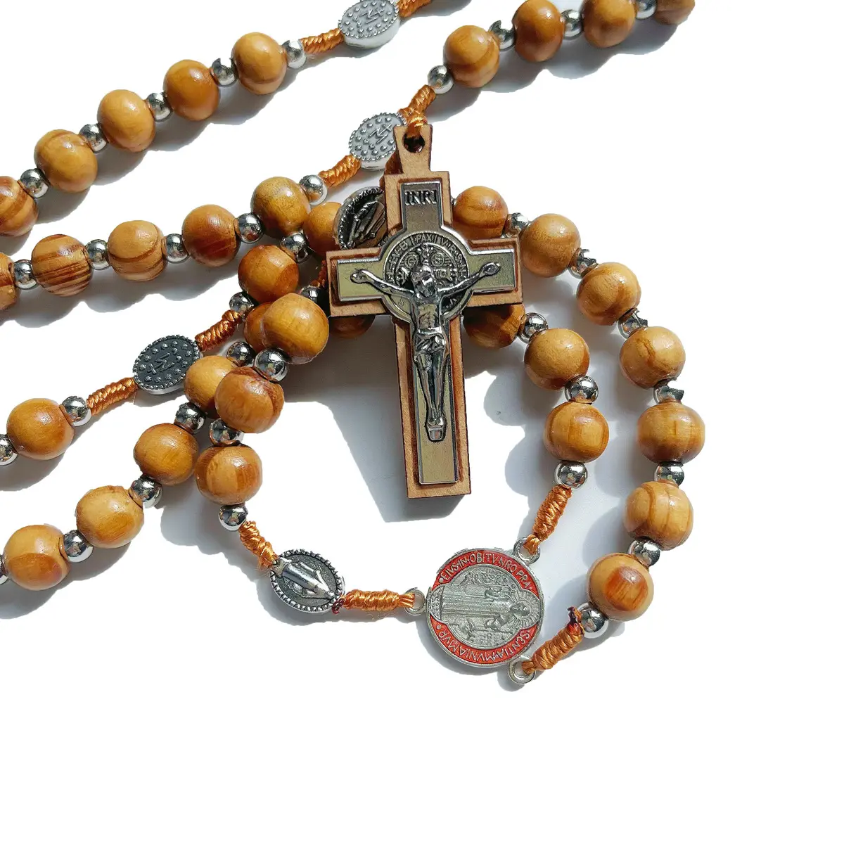Prayer bead necklace, long wooden bead necklace, Benedict cross necklace gift