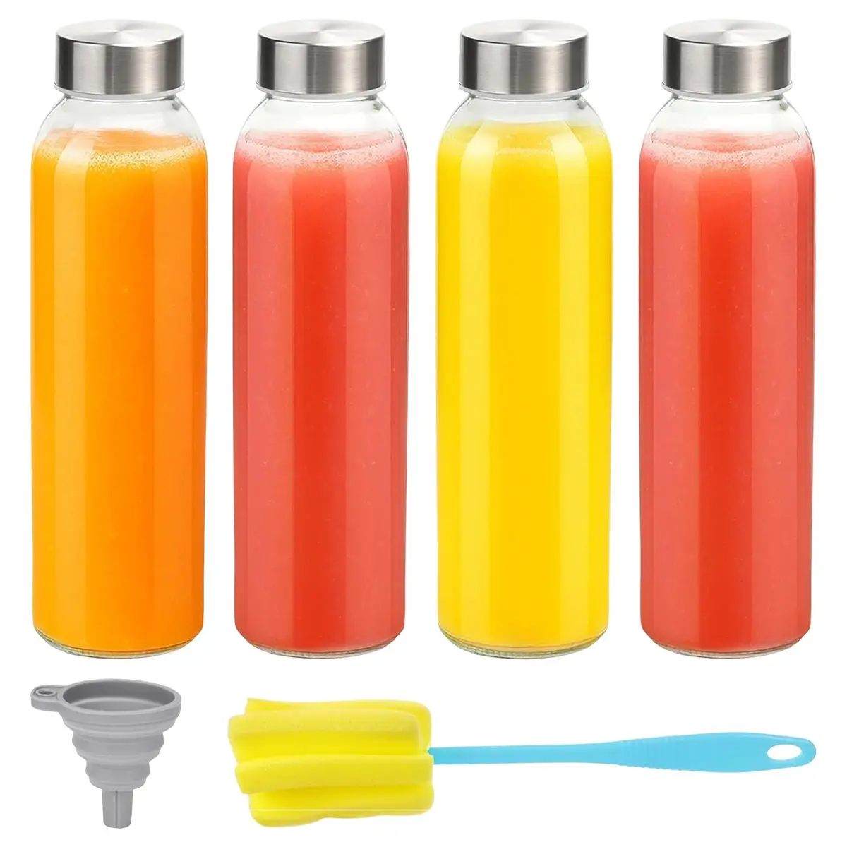 4-Pack Clear Glass Round Water Bottles with Lids, 18oz Reusable Juice Bottles with Stainless Steel Lid, Leak-Proof Traditional Classic Juice Container Set, Drinkware, Leakproof Reusable Bottle
