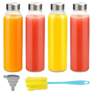 4-Pack Clear Glass Round Water Bottles with Lids, 18oz Reusable Juice Bottles with Stainless Steel Lid, Leak-Proof Juice Container Set