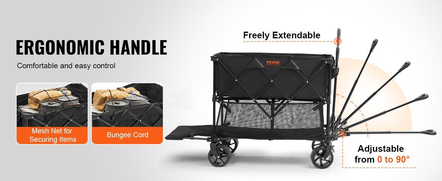 【Father's Day】VEVOR Foldable Double Decker Wagon,  Collapsible Wagon Cart with All-Terrain Wheels, Heavy Duty Folding Wagon Cart  for Camping, Shopping, Garden, 52" Extra Long Extender