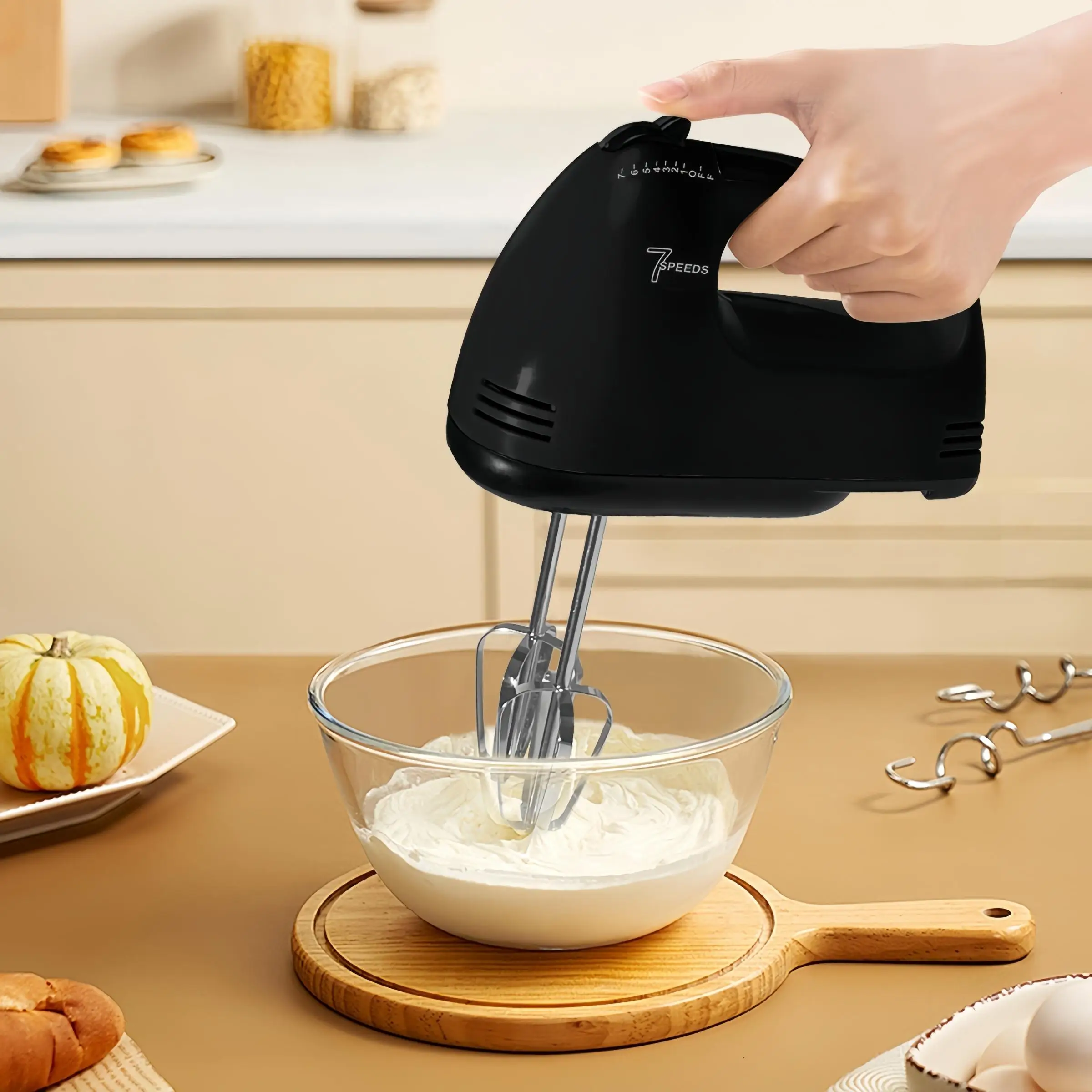 Portable Handheld Electric Mixer White Beaters for Summer, Home Essentials, Hand Held Egg Beater Kneading Bread Machine, 7 Speed Handheld Whisk Mixer,