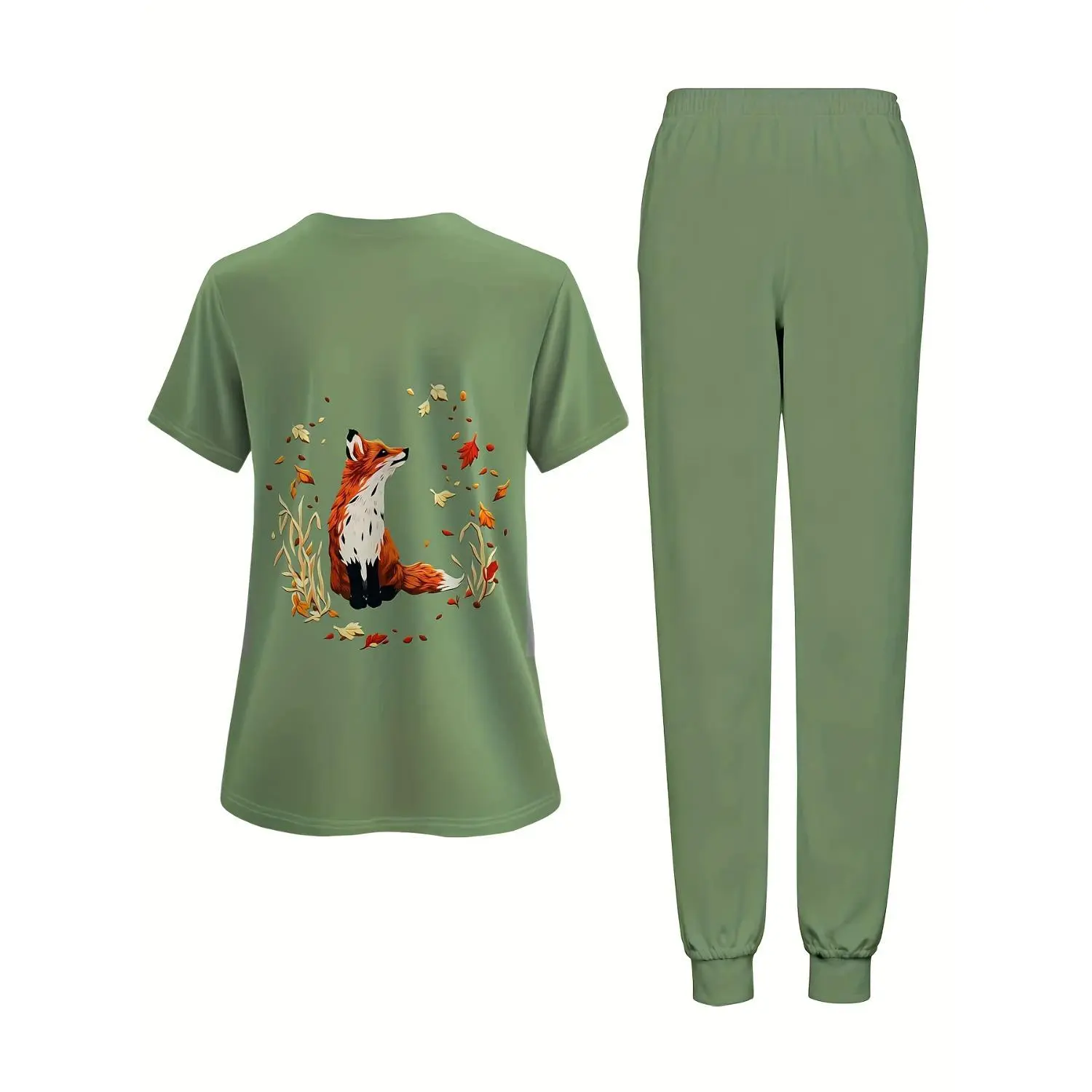 Plus Size Women's Medical Scrubs 2-Piece Set - Fox Autumn Leaves Print V-Neck Top & Drawstring Pants - Ideal for Nurses, Doctors, Hospital Uniform - Comfortable Fabric - Perfect Gift