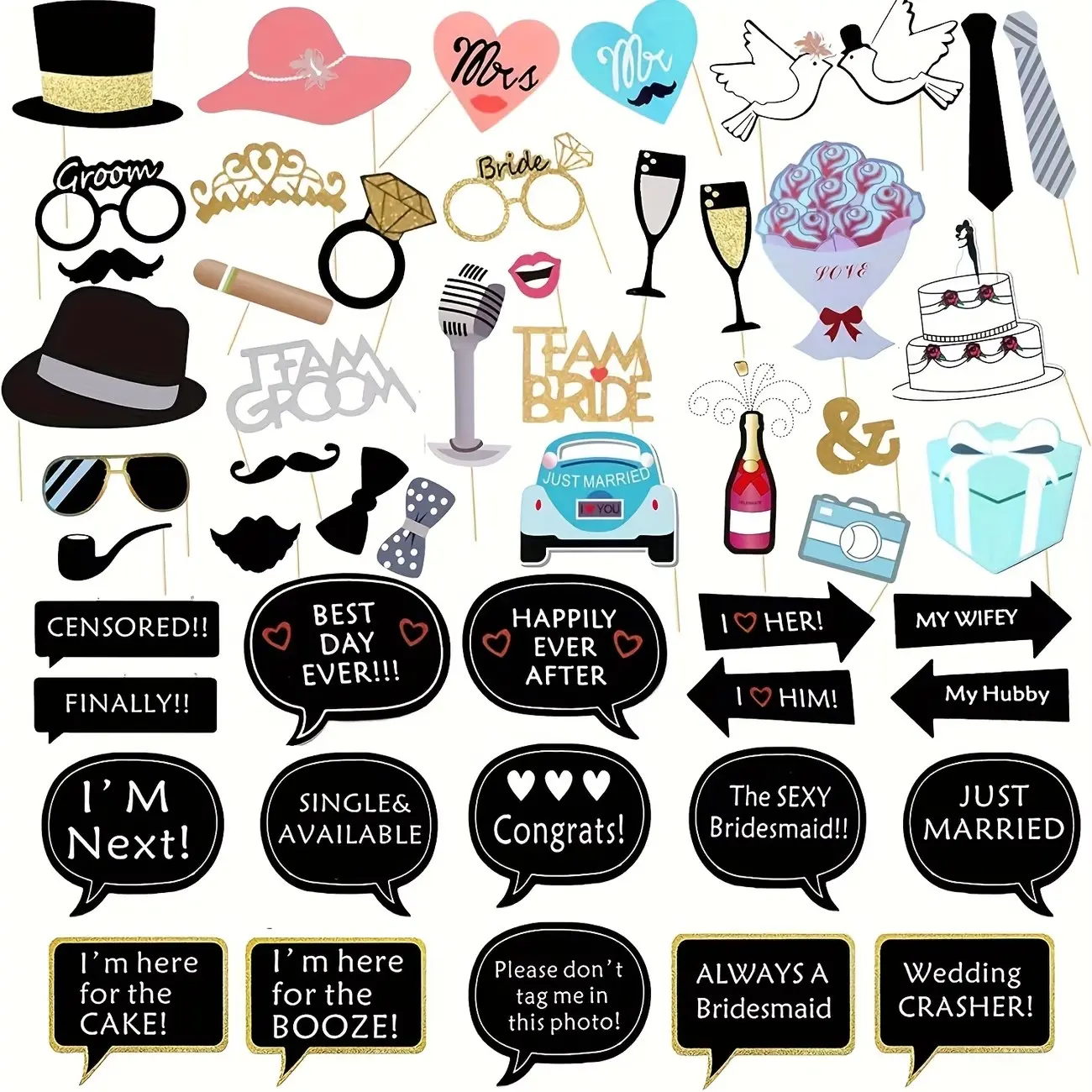 52pcs Wedding Photo Booth Additions, Photobooth Props, Creative Reception Decor, Props, Party Accessories, Capture Funny Moments, Perfect for Weddings and Bridal Celebrations, Party Supplies