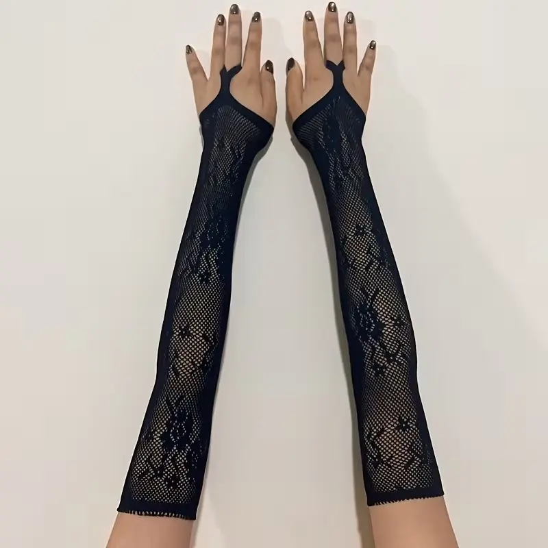 1 Pair Floral Pattern Elastic Hook Finger Mesh Gloves, Sexy Lace Arm Sleeves, Dress Gloves for Party and Prom, Mesh Fingerless Gloves, Hand Cover