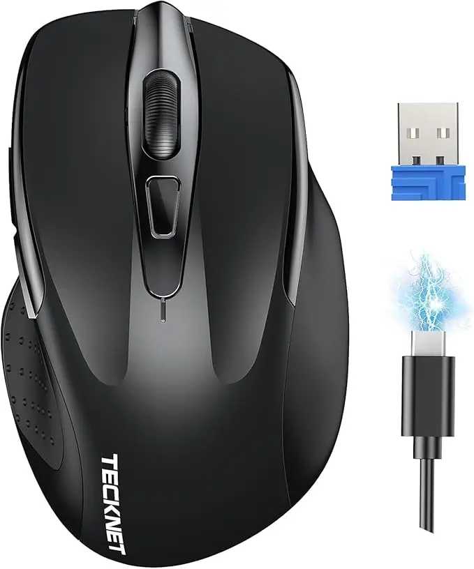 TECKNET M003 Model 2.4G Ergonomic Contoured Form Optical Wireless Mouse - 6 Buttons, 5-Level 2600 DPI High-DPI Track, 24-Month Battery Life for Right-Handed Users' Laptops PCs Chromebook