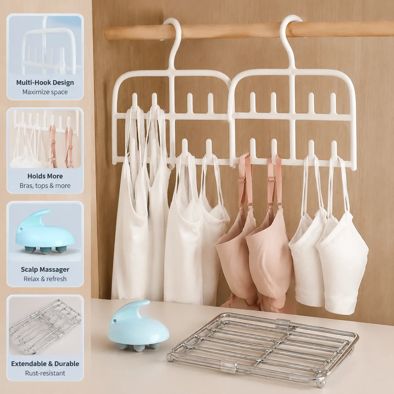 1 Count, Multi Hook Hanger, Space Saving Closet Wardrobe Organizer for Storing Tank Tops, Bras, Underwears and Other Thin Strap Garments