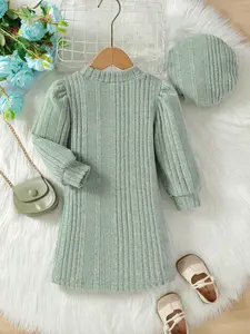 Girls' LTrending Adorable Sage Green Ribbed Knit Dress with Long Balloon Sleeves Mock Neck Fall Outfit for Toddlers & Kids Soft Cozy Everyday Wear with Matching Beret Perfect Back to School Fashion