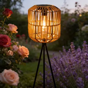 Rattan Floor Lamp for Outdoor Patio, Solar Powered Waterproof Standing Lamp with Tripod Base, Boho Wicker Cage Design, Warm Light LED Lantern for Garden, Pathway, Stairs, Backyard, Porch Decor, Rustic Outdoor Lighting, Solar Powered Lights
