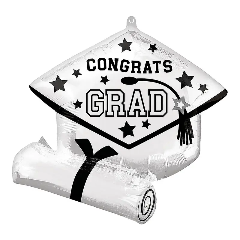 White Congrats Grad Diploma & Cap 25" Mylar Balloon