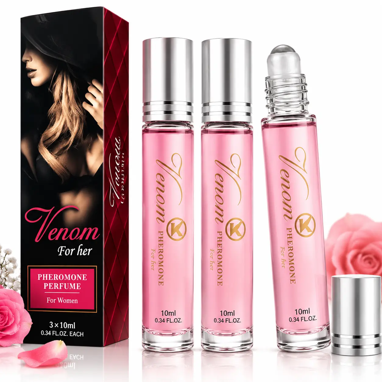Women's Venom For Her Roll-On Perfume Set - 3-Piece 10ml Mini Pocket Travel Fragrance, Light Sweet Floral Fruity Mild Scent, Portable Gift Box Value Pack