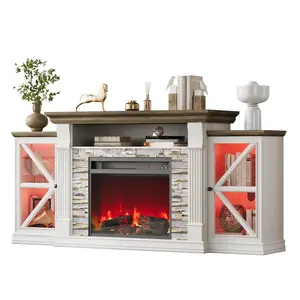 Electric Fireplace TV Stand, 70" Farmhouse Entertainment Center with Open Shelf and Glass Barn Door Cabniet, Modern, Customized