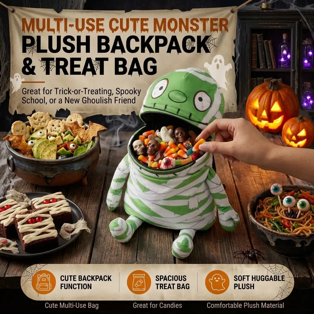 Unisex Kids' 2-in-1 Plush Fabric Monster Backpack - Halloween Trick-or-Treat Bag, Cute Mummy Candy Bucket with Shoulder Straps, Soft Huggable Stuffed Bookbag, Spooky Cosplay Prop, Holiday Gift (Sports & Outdoor Gym Accessory)