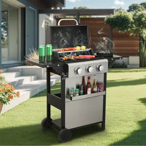 3-Burner Propane Gas BBQ Grill, 25650BTU Output With Wire Enamel Cooking Grids For Outdoor Barbecue, Foldable Side Table, Stainless Steel Rack