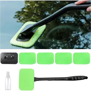 Augeny Car Windshield Cleaning Tool, Microfiber Window Cleaner Set with 4 Washable and Reusable Cloth Pad Head, Detachable & Unbreakable Handle and Spray Bottle, Universal Car Glass Cleaner Kit