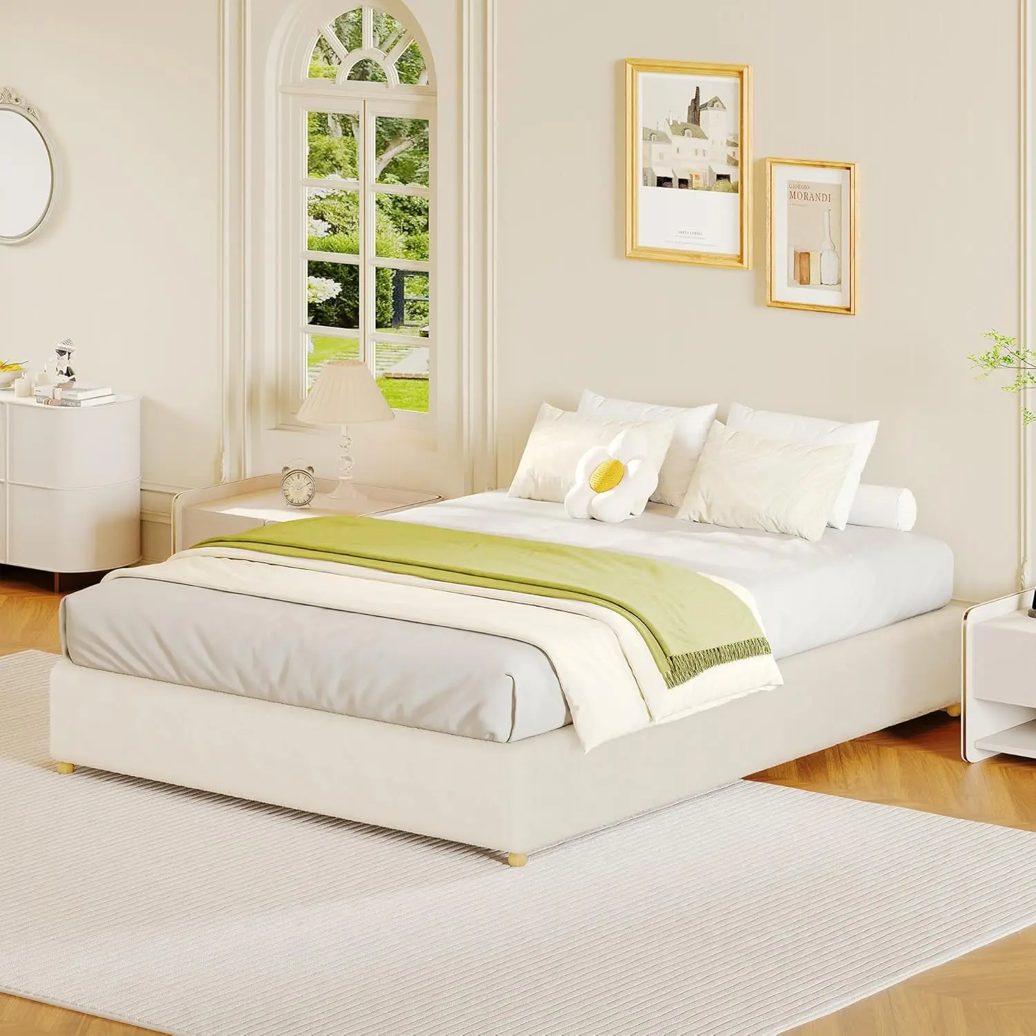 GAOMON Queen Size Cloud Bed Frame - Velvet Teddy Fleece Low Platform, Thick Upholstered Fabric, Stable Solid Wood Legs, 1200 lbs Support, Silent No-Squeak, Farmhouse Bedroom Look, No Headboard/Box Spring Needed, Easy Assembly Required, Cream