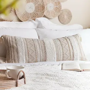 Cream Decorative  Throw Pillow Cover 14x36 Boho Long Cushion for Bed Neutral Accent Farmhouse Pillowcase for Bedroom Living Room Couch Sofa Home Decor (Cover ONLY, Pack of 1)