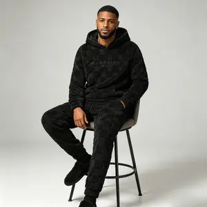 Men's 2-Piece Fitted Plaid Embroidered Fleece Loungewear Set - Soft Long Sleeve Hoodie & Pajama Pants for Sleepwear, Casual Outfits Overall Menswear Matching