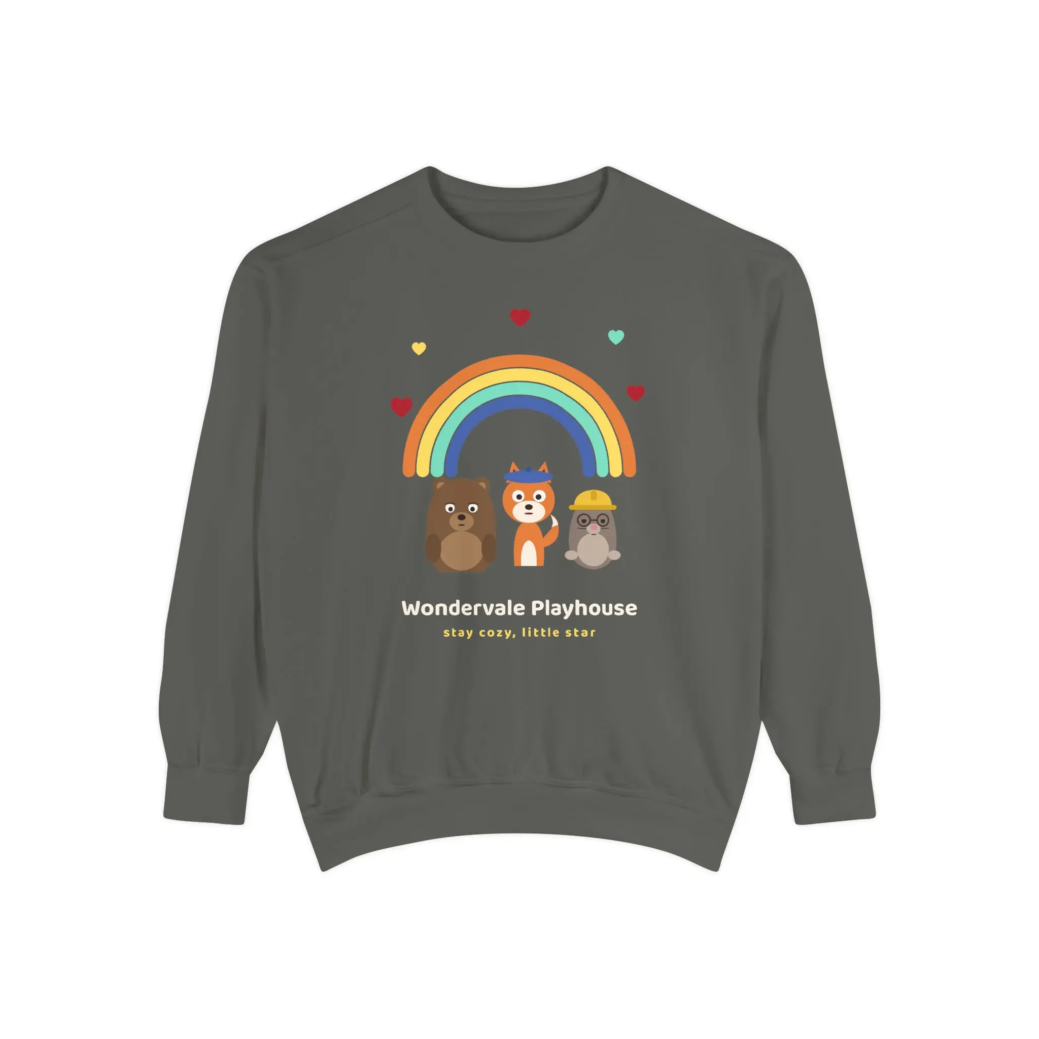 Rainbow and Hearts Sweatshirt, Cute Woodland Friends Crewneck, Comfort Colors 1566 Unisex — Wondervale Playhouse
